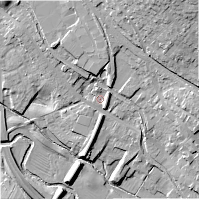 Shaded relief map of the ground around ST158LB, computed from Environment Agency LiDAR. The ground here sits at about 91 m above sea level and falls 31 m across the surrounding 800 m. Surface water reaching this point runs off ground lying to the north, 11.0 m higher.