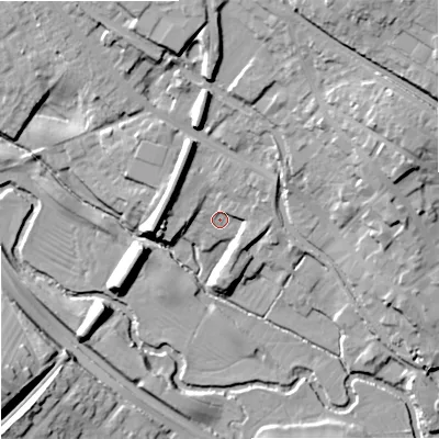 Shaded relief map of the ground around ST158LY, computed from Environment Agency LiDAR. The ground here sits at about 88 m above sea level and falls 23 m across the surrounding 800 m. Surface water reaching this point runs off ground lying to the east-north-east, 14.9 m higher.