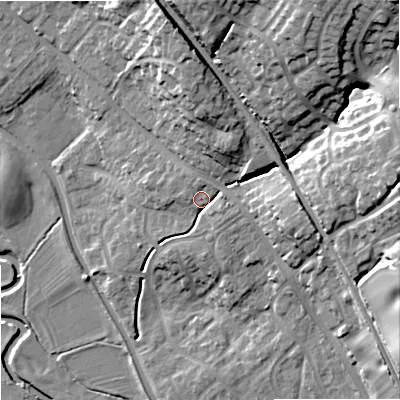 Shaded relief map of the ground around ST158QP, computed from Environment Agency LiDAR. The ground here sits at about 90 m above sea level and falls 29 m across the surrounding 800 m. Surface water reaching this point runs off ground lying to the north, 14.3 m higher.