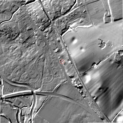 Shaded relief map of the ground around ST158QU, computed from Environment Agency LiDAR. The ground here sits at about 89 m above sea level and falls 41 m across the surrounding 800 m. Surface water reaching this point runs off ground lying to the east, 6.8 m higher.