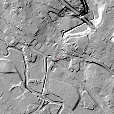 Shaded relief map of the ground around ST158QW, computed from Environment Agency LiDAR. The ground here sits at about 86 m above sea level and falls 26 m across the surrounding 800 m. Surface water reaching this point runs off ground lying to the north, 17.3 m higher.