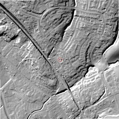 Shaded relief map of the ground around ST158ST, computed from Environment Agency LiDAR. The ground here sits at about 100 m above sea level and falls 42 m across the surrounding 800 m. Surface water reaching this point runs off ground lying to the north-east, 4.3 m higher.