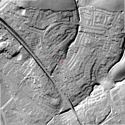 Shaded relief map of the ground around ST158SW, computed from Environment Agency LiDAR. The ground here sits at about 102 m above sea level and falls 48 m across the surrounding 800 m. Surface water reaching this point runs off ground lying to the north-east, 28.8 m higher.