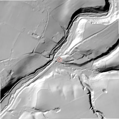 Shaded relief map of the ground around ST158SY, computed from Environment Agency LiDAR. The ground here sits at about 105 m above sea level and falls 49 m across the surrounding 800 m. Surface water reaching this point runs off ground lying to the south-east, 43.9 m higher.