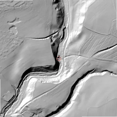 Shaded relief map of the ground around ST158TB, computed from Environment Agency LiDAR. The ground here sits at about 111 m above sea level and falls 60 m across the surrounding 800 m. Surface water reaching this point runs off ground lying to the north-east, 52.7 m higher.