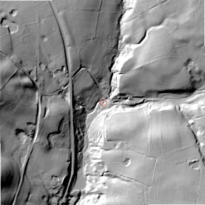 Shaded relief map of the ground around ST158TF, computed from Environment Agency LiDAR. The ground here sits at about 128 m above sea level and falls 58 m across the surrounding 800 m. Surface water reaching this point runs off ground lying to the north-east, 34.9 m higher.