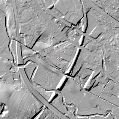 Shaded relief map of the ground around ST158WA, computed from Environment Agency LiDAR. The ground here sits at about 90 m above sea level and falls 26 m across the surrounding 800 m. Surface water reaching this point runs off ground lying to the east-south-east, 6.6 m higher.