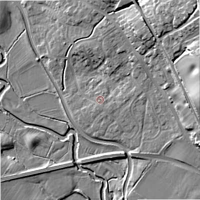 Shaded relief map of the ground around ST158XY, computed from Environment Agency LiDAR. The ground here sits at about 86 m above sea level and falls 26 m across the surrounding 800 m. Surface water reaching this point runs off ground lying to the south-south-east, 0.9 m higher.