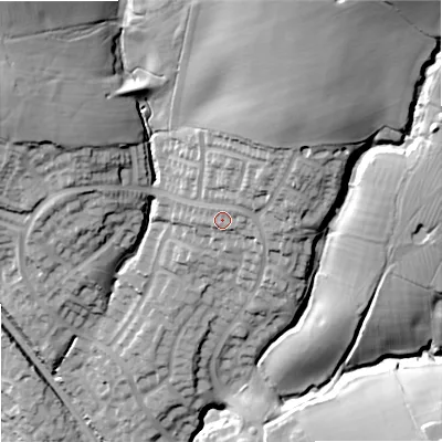 Shaded relief map of the ground around ST158YH, computed from Environment Agency LiDAR. The ground here sits at about 115 m above sea level and falls 50 m across the surrounding 800 m. Surface water reaching this point runs off ground lying to the east-north-east, 3.9 m higher.