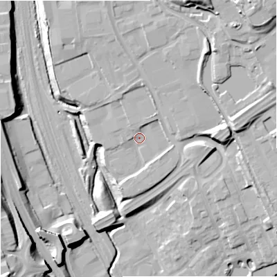Shaded relief map of the ground around ST15NJ, computed from Environment Agency LiDAR. The ground here sits at about 120 m above sea level and falls 29 m across the surrounding 800 m. Surface water reaching this point runs off ground lying to the north-north-east, 2.1 m higher.