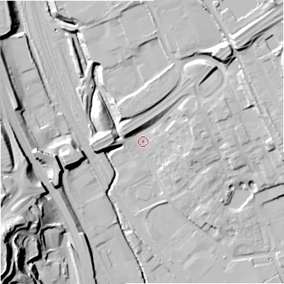 Shaded relief map of the ground around ST15PE, computed from Environment Agency LiDAR. The ground here sits at about 115 m above sea level and falls 43 m across the surrounding 800 m. Surface water reaching this point runs off ground lying to the north-east, 10.8 m higher.