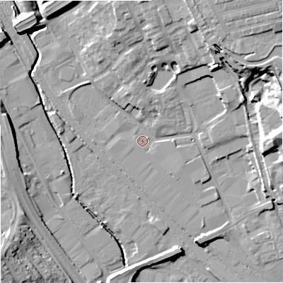 Shaded relief map of the ground around ST15PJ, computed from Environment Agency LiDAR. The ground here sits at about 114 m above sea level and falls 17 m across the surrounding 800 m. Surface water reaching this point runs off ground lying to the north-east, 10.9 m higher.