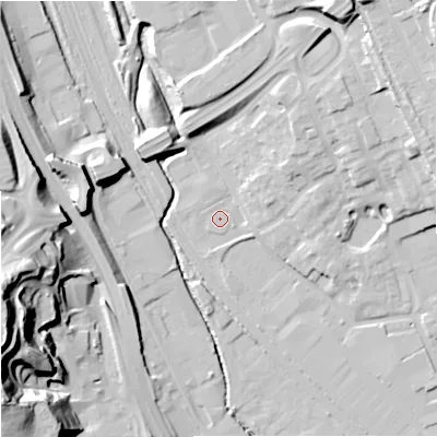 Shaded relief map of the ground around ST15SE, computed from Environment Agency LiDAR. The ground here sits at about 115 m above sea level and falls 43 m across the surrounding 800 m. Surface water reaching this point runs off ground lying to the north-north-east, 11.1 m higher.