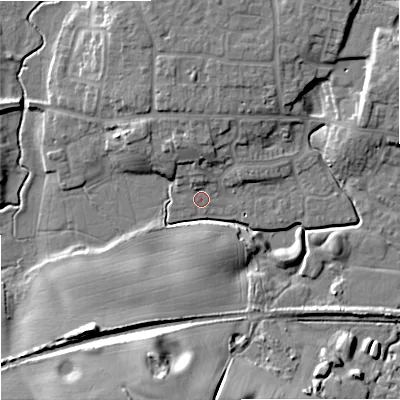 Shaded relief map of the ground around ST161FT, computed from Environment Agency LiDAR. The ground here sits at about 77 m above sea level and falls 17 m across the surrounding 800 m. Surface water reaching this point runs off ground lying to the north-north-west, 4.3 m higher.