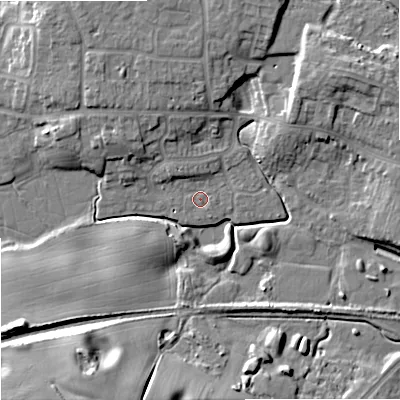 Shaded relief map of the ground around ST161FU, computed from Environment Agency LiDAR. The ground here sits at about 76 m above sea level and falls 17 m across the surrounding 800 m. Surface water reaching this point runs off ground lying to the north-west, 2.6 m higher.