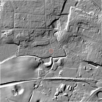 Shaded relief map of the ground around ST161FX, computed from Environment Agency LiDAR. The ground here sits at about 76 m above sea level and falls 17 m across the surrounding 800 m. Surface water reaching this point runs off ground lying to the west-north-west, 2.5 m higher.