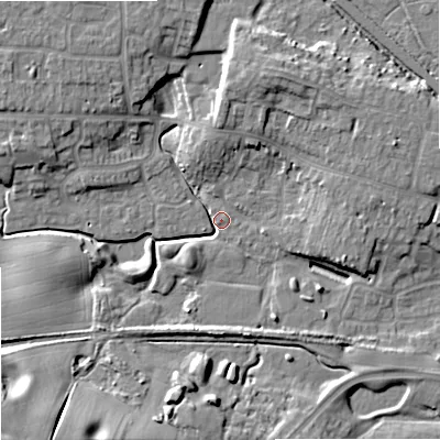 Shaded relief map of the ground around ST161FZ, computed from Environment Agency LiDAR. The ground here sits at about 77 m above sea level and falls 18 m across the surrounding 800 m. Surface water reaching this point runs off ground lying to the north-north-east, 8.8 m higher.