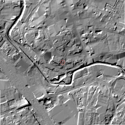 Shaded relief map of the ground around ST162AG, computed from Environment Agency LiDAR. The ground here sits at about 76 m above sea level and falls 9 m across the surrounding 800 m. Surface water reaching this point runs off ground lying to the north-north-west, 4.6 m higher.