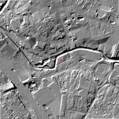 Shaded relief map of the ground around ST162BS, computed from Environment Agency LiDAR. The ground here sits at about 75 m above sea level and falls 9 m across the surrounding 800 m. Surface water reaching this point runs off ground lying to the north-north-west, 7.6 m higher.