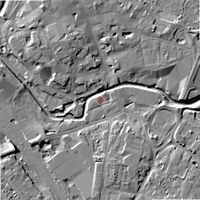 Shaded relief map of the ground around ST162DD, computed from Environment Agency LiDAR. The ground here sits at about 75 m above sea level and falls 9 m across the surrounding 800 m. Surface water reaching this point runs off ground lying to the south-east, 5.7 m higher.