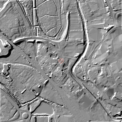 Shaded relief map of the ground around ST162ED, computed from Environment Agency LiDAR. The ground here sits at about 76 m above sea level and falls 11 m across the surrounding 800 m. Surface water reaching this point runs off ground lying to the west-south-west, 3.6 m higher.
