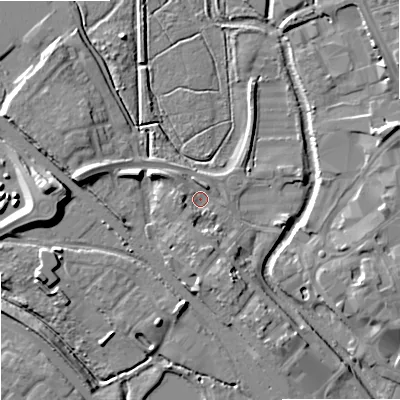 Shaded relief map of the ground around ST162EW, computed from Environment Agency LiDAR. The ground here sits at about 75 m above sea level and falls 11 m across the surrounding 800 m. Surface water reaching this point runs off ground lying to the west, 5.8 m higher.