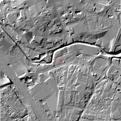Shaded relief map of the ground around ST162EZ, computed from Environment Agency LiDAR. The ground here sits at about 75 m above sea level and falls 9 m across the surrounding 800 m. Surface water reaching this point runs off ground lying to the south-east, 5.7 m higher.