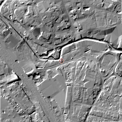 Shaded relief map of the ground around ST162HB, computed from Environment Agency LiDAR. The ground here sits at about 75 m above sea level and falls 9 m across the surrounding 800 m. Surface water reaching this point runs off ground lying to the north-north-west, 7.6 m higher.