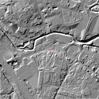 Shaded relief map of the ground around ST162HH, computed from Environment Agency LiDAR. The ground here sits at about 75 m above sea level and falls 9 m across the surrounding 800 m. Surface water reaching this point runs off ground lying to the south-east, 6.6 m higher.