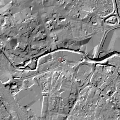 Shaded relief map of the ground around ST162HJ, computed from Environment Agency LiDAR. The ground here sits at about 75 m above sea level and falls 9 m across the surrounding 800 m. Surface water reaching this point runs off ground lying to the north-north-west, 2.1 m higher.
