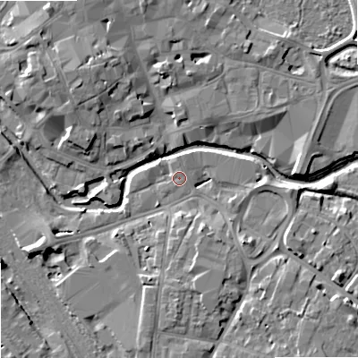 Shaded relief map of the ground around ST162HL, computed from Environment Agency LiDAR. The ground here sits at about 75 m above sea level and falls 9 m across the surrounding 800 m. Surface water reaching this point runs off ground lying to the north-north-east, 1.1 m higher.