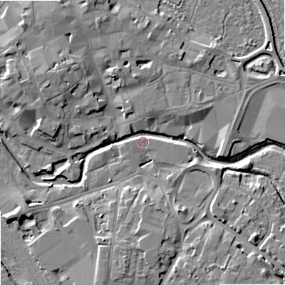 Shaded relief map of the ground around ST162HQ, computed from Environment Agency LiDAR. The ground here sits at about 75 m above sea level and falls 9 m across the surrounding 800 m. Surface water reaching this point runs off ground lying to the north-west, 7.7 m higher.