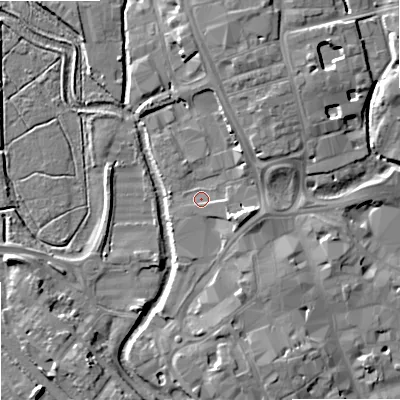Shaded relief map of the ground around ST162NY, computed from Environment Agency LiDAR. The ground here sits at about 76 m above sea level and falls 8 m across the surrounding 800 m. Surface water reaching this point runs off ground lying to the east-south-east, 5.4 m higher.