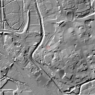 Shaded relief map of the ground around ST162QB, computed from Environment Agency LiDAR. The ground here sits at about 76 m above sea level and falls 8 m across the surrounding 800 m. Surface water reaching this point runs off ground lying to the east, 2.8 m higher.