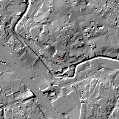 Shaded relief map of the ground around ST162QP, computed from Environment Agency LiDAR. The ground here sits at about 75 m above sea level and falls 8 m across the surrounding 800 m. Surface water reaching this point runs off ground lying to the north-north-west, 4.1 m higher.
