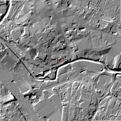 Shaded relief map of the ground around ST162QT, computed from Environment Agency LiDAR. The ground here sits at about 75 m above sea level and falls 9 m across the surrounding 800 m. Surface water reaching this point runs off ground lying to the north-north-east, 2.4 m higher.