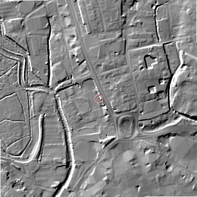 Shaded relief map of the ground around ST162QY, computed from Environment Agency LiDAR. The ground here sits at about 76 m above sea level and falls 9 m across the surrounding 800 m. Surface water reaching this point runs off ground lying to the east, 1.4 m higher.