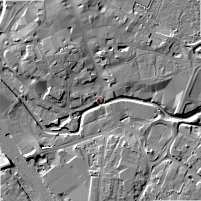 Shaded relief map of the ground around ST162QZ, computed from Environment Agency LiDAR. The ground here sits at about 75 m above sea level and falls 9 m across the surrounding 800 m. Surface water reaching this point runs off ground lying to the north-west, 7.7 m higher.