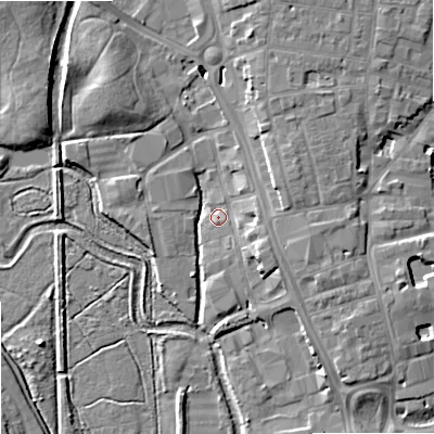 Shaded relief map of the ground around ST162SD, computed from Environment Agency LiDAR. The ground here sits at about 76 m above sea level and falls 9 m across the surrounding 800 m. Surface water reaching this point runs off ground lying to the south-east, 5.5 m higher.