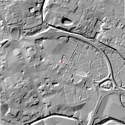 Shaded relief map of the ground around ST163AD, computed from Environment Agency LiDAR. The ground here sits at about 75 m above sea level and falls 9 m across the surrounding 800 m. Surface water reaching this point runs off ground lying to the south-south-west, 4.5 m higher.
