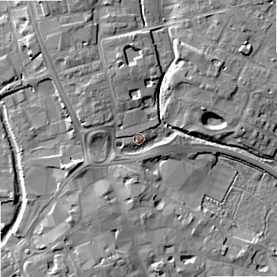 Shaded relief map of the ground around ST163AH, computed from Environment Agency LiDAR. The ground here sits at about 77 m above sea level and falls 9 m across the surrounding 800 m. Surface water reaching this point runs off ground lying to the north-west, 5.6 m higher.