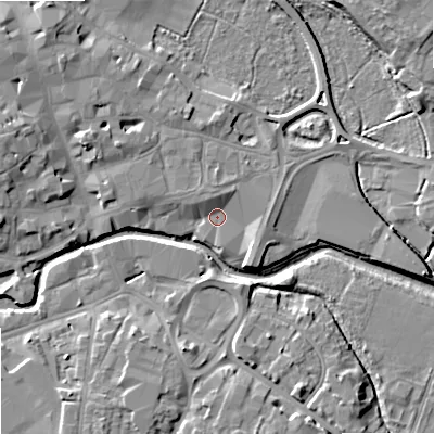 Shaded relief map of the ground around ST163AL, computed from Environment Agency LiDAR. The ground here sits at about 74 m above sea level and falls 8 m across the surrounding 800 m. Surface water reaching this point runs off ground lying to the south-east, 2.5 m higher.