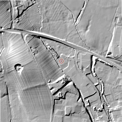 Shaded relief map of the ground around ST163EG, computed from Environment Agency LiDAR. The ground here sits at about 83 m above sea level and falls 22 m across the surrounding 800 m. Surface water reaching this point runs off ground lying to the west, 13.0 m higher.