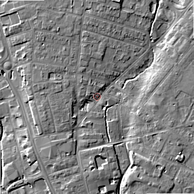 Shaded relief map of the ground around ST163ES, computed from Environment Agency LiDAR. The ground here sits at about 78 m above sea level and falls 9 m across the surrounding 800 m. Surface water reaching this point runs off ground lying to the west-south-west, 4.6 m higher.