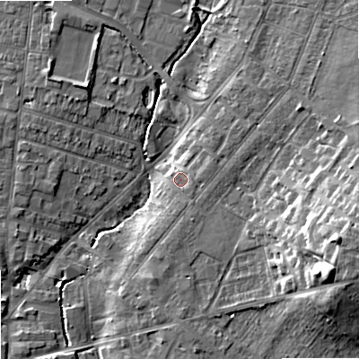 Shaded relief map of the ground around ST163FZ, computed from Environment Agency LiDAR. The ground here sits at about 80 m above sea level and falls 17 m across the surrounding 800 m. Surface water reaching this point runs off ground lying to the south-south-east, 1.1 m higher.