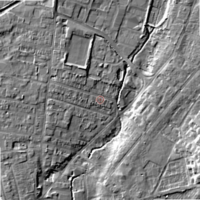 Shaded relief map of the ground around ST163HE, computed from Environment Agency LiDAR. The ground here sits at about 79 m above sea level and falls 9 m across the surrounding 800 m. Surface water reaching this point runs off ground lying to the north-west, 3.0 m higher.
