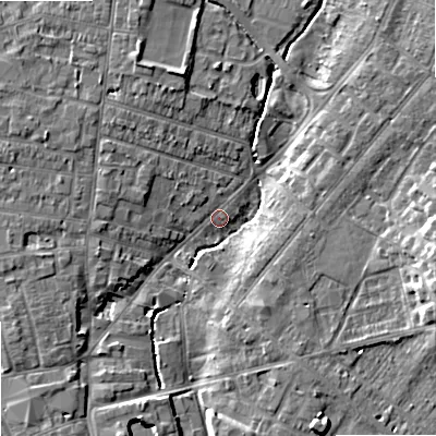 Shaded relief map of the ground around ST163HF, computed from Environment Agency LiDAR. The ground here sits at about 77 m above sea level and falls 9 m across the surrounding 800 m. Surface water reaching this point runs off ground lying to the east-south-east, 9.0 m higher.