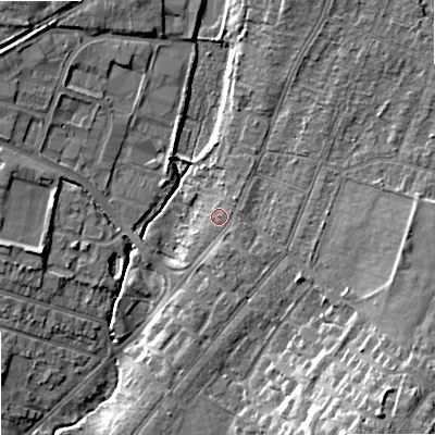 Shaded relief map of the ground around ST163HG, computed from Environment Agency LiDAR. The ground here sits at about 80 m above sea level and falls 15 m across the surrounding 800 m. Surface water reaching this point runs off ground lying to the east-north-east, 1.3 m higher.