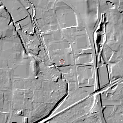 Shaded relief map of the ground around ST163HT, computed from Environment Agency LiDAR. The ground here sits at about 82 m above sea level and falls 16 m across the surrounding 800 m. The ground contributing surface water to this point lies to the east.