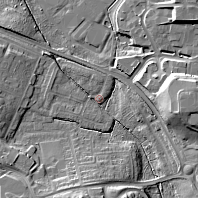 Shaded relief map of the ground around ST163JT, computed from Environment Agency LiDAR. The ground here sits at about 79 m above sea level and falls 23 m across the surrounding 800 m. Surface water reaching this point runs off ground lying to the south, 15.6 m higher.